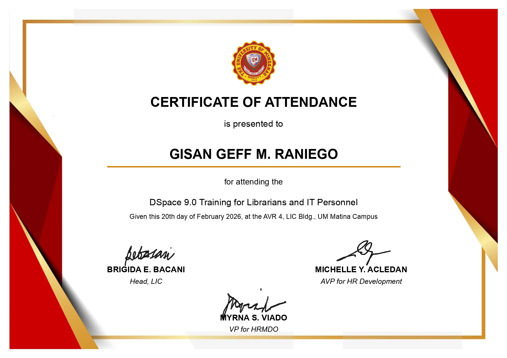 DSpace 9.0 Training for Librarians and IT Personnel certificate